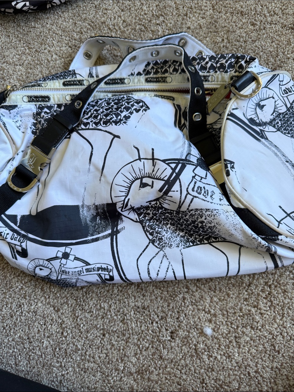 Lesportsac White and Black Graphic Canvas Tote